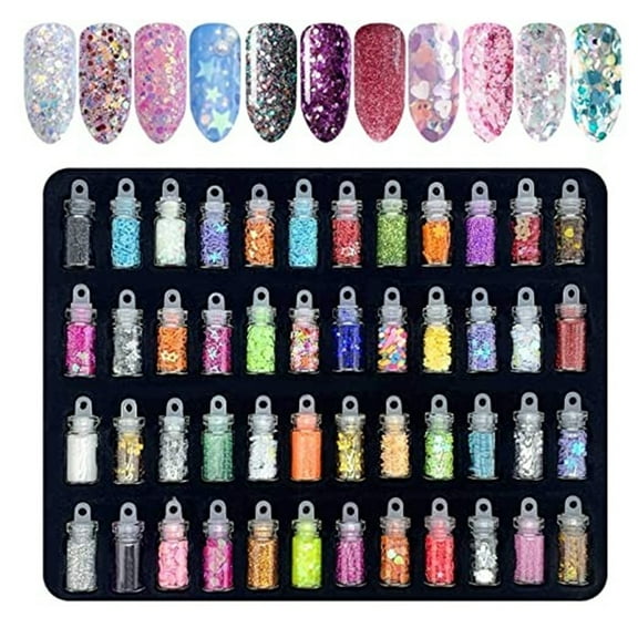 HHBEAUTY 48 Styles Nail Sequins, Nail Decoration Accessories Body Glitter Set, Suitable for Holiday Makeup, Cosmetics, Cosmetic Glitter for Body Nails Face Hair Eyeshadow Lip Gloss Making