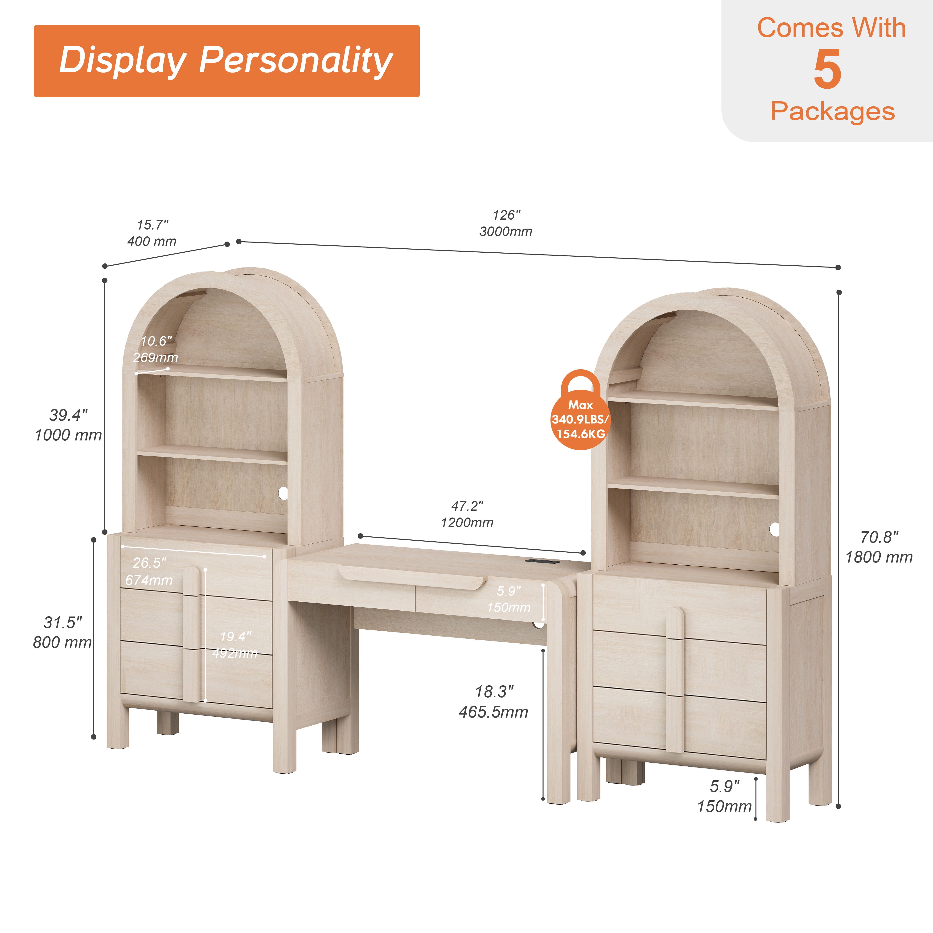 Home Office Set, 47" Modern Executive Desk with Charging Station and Drawers & 2 Piece 71"H Tall 3-Tier Arched Bookcases with Open Storage for Living Room, Bedroom, Home Office
