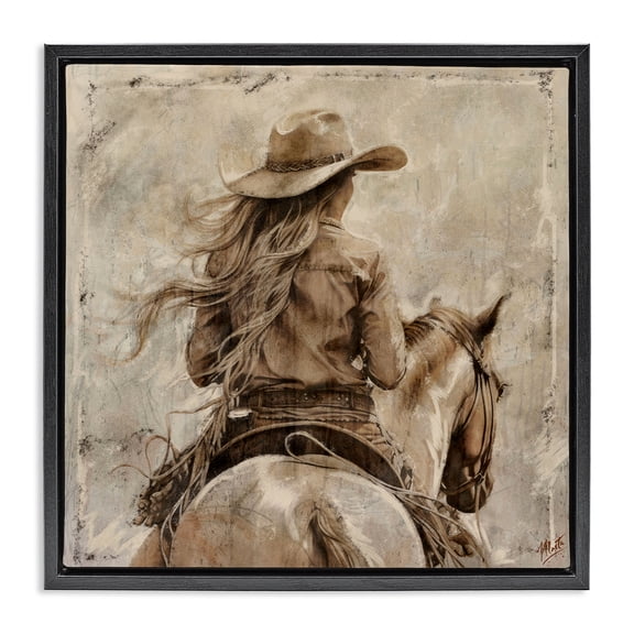 Stupell Industries Modern Windblown Cowgirl on Horseback Black Floating Frame Canvas Art, 18 x 18, by Marta Wiley