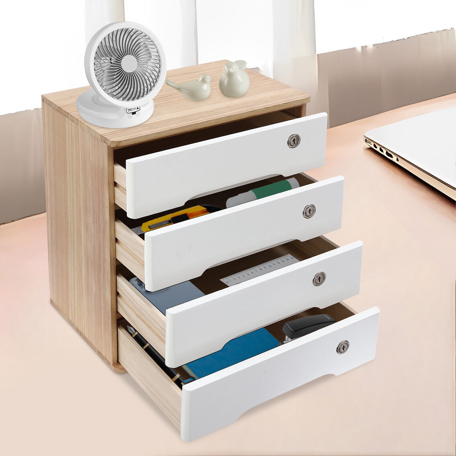 Wooden Desktop Storage Cabinet Desk Organizer Desktop Storage Box with Lockable
