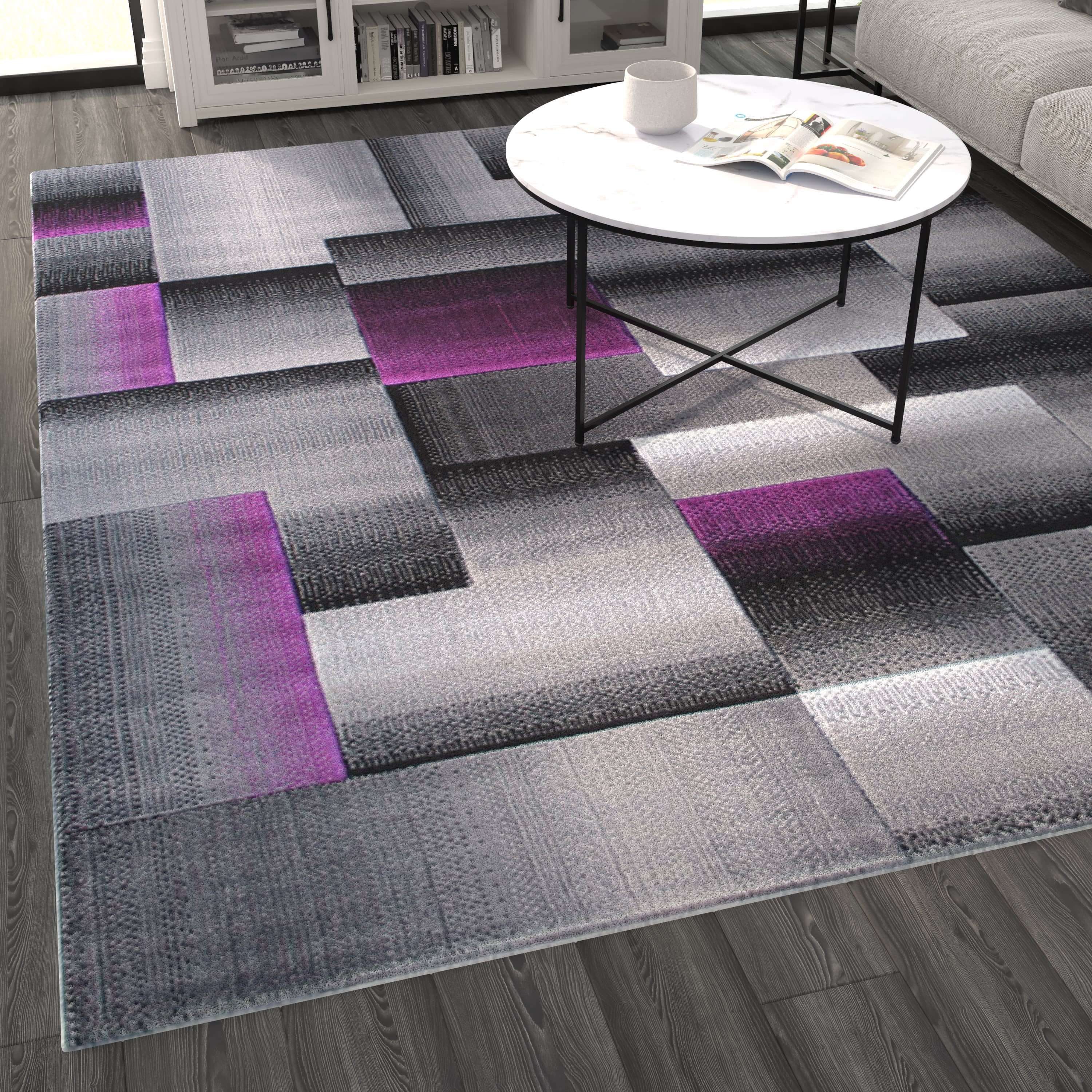BizChair Modern Contemporary Area Rug, Purple Grey Black (8 Feet X 10 Feet)