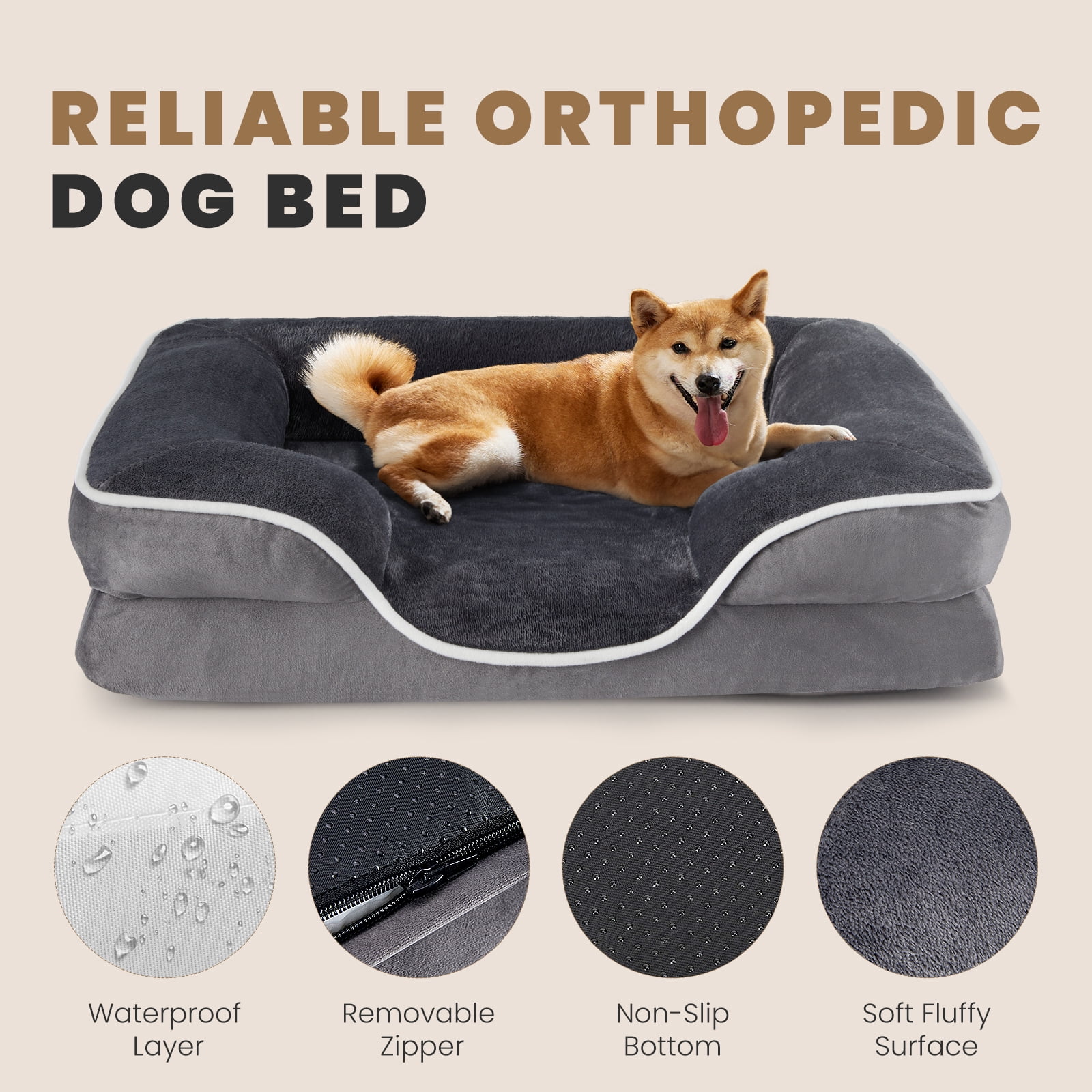JOINSUN Extra Large Orthopedic Dog Bed, 42"x32" XL Sofa Bed with Egg Crate Foam Support, Machine Washable Cover, Gray