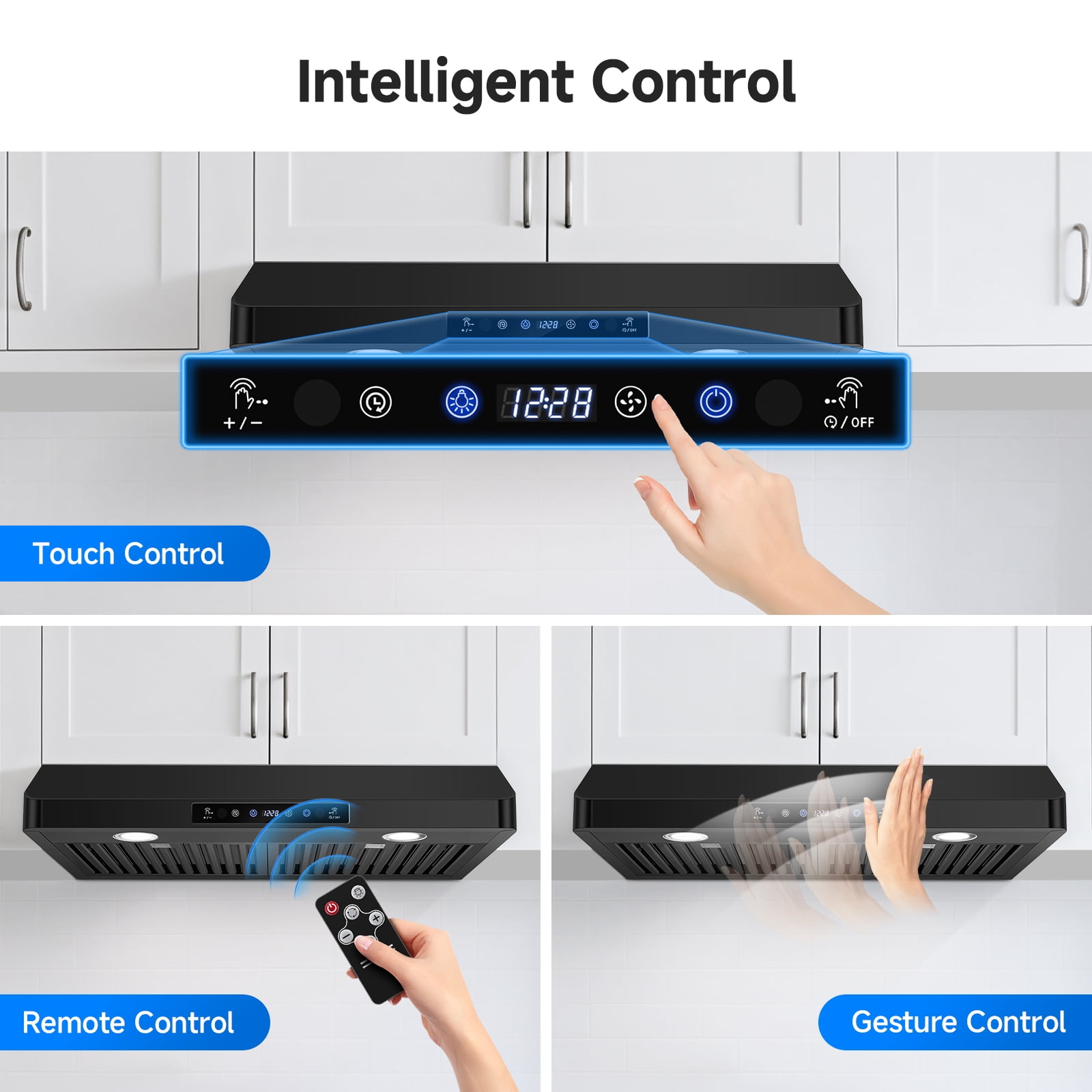 Aobosi Under Cabinet Range Hood 30 Inch, 750CFM Stainless Steel Kitchen Stove Vent Hood 3 Speed Exhaust Fan Touch/Remote/Gesture Control, Black