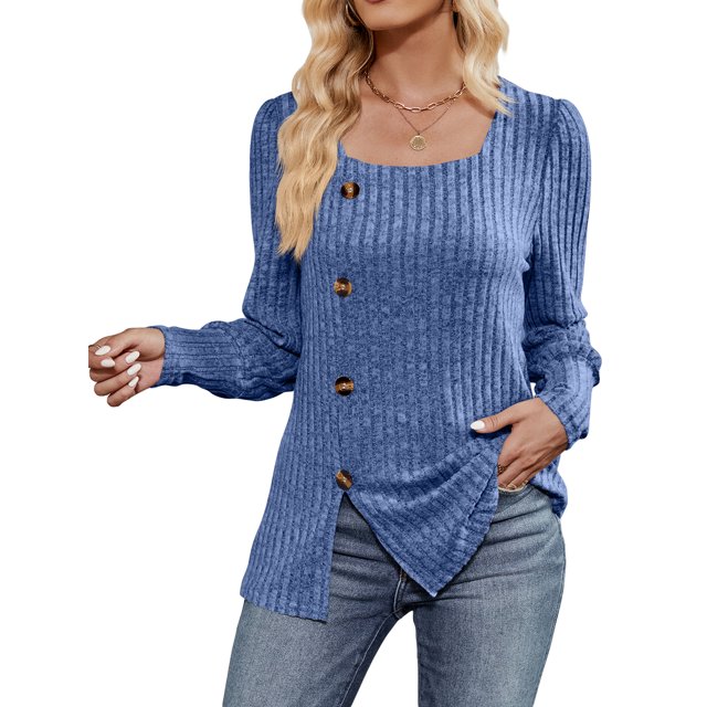 SUNSIOM Women Fashion Ribbed T-Shirts Solid Color Square Neck Buttons Puff Long Sleeve Shirts Spring Fall Casual Loose Fit Tops