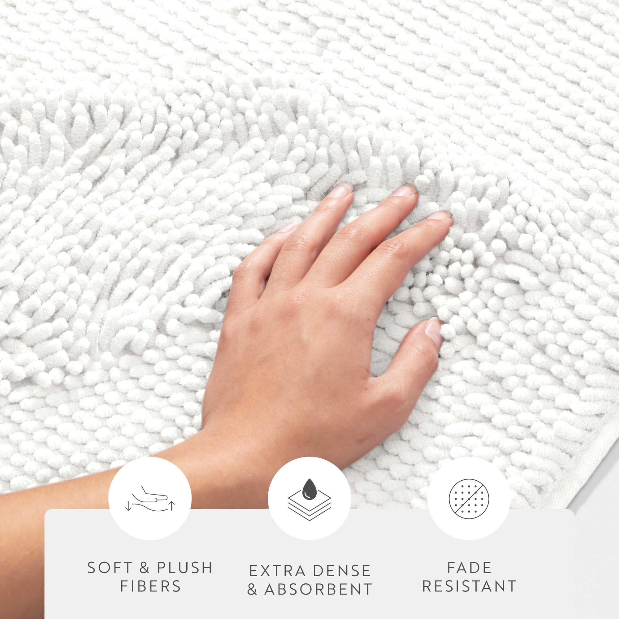 Soft Absorbent Chenille Bath Mat Rug with Anti-Skid Rubber Backing, 34 x 21, White, by Noble Linens