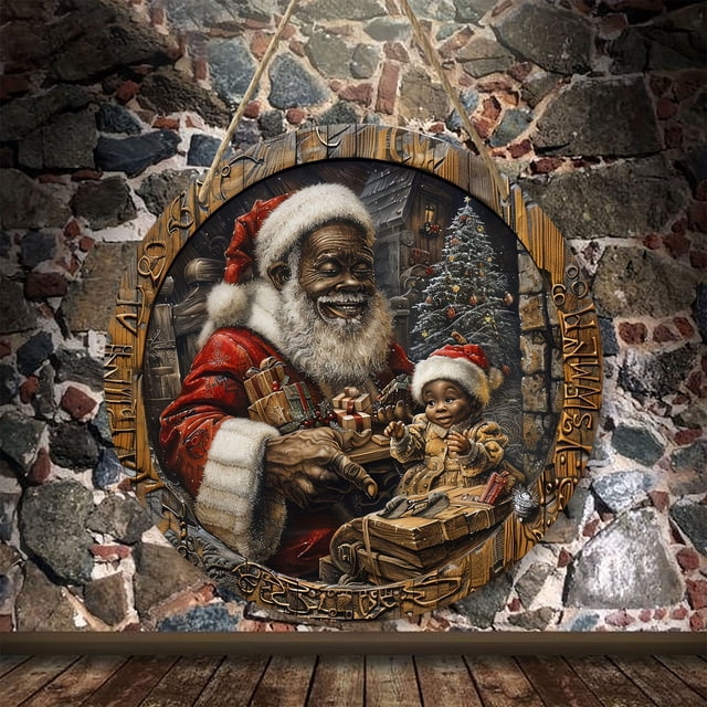 2 Pcs Father Christmas Round Wooden Ornament Sign Bedroom And Living Room Decorative Hanging Home Front Door Hanging Decoration 7.87in Diameter