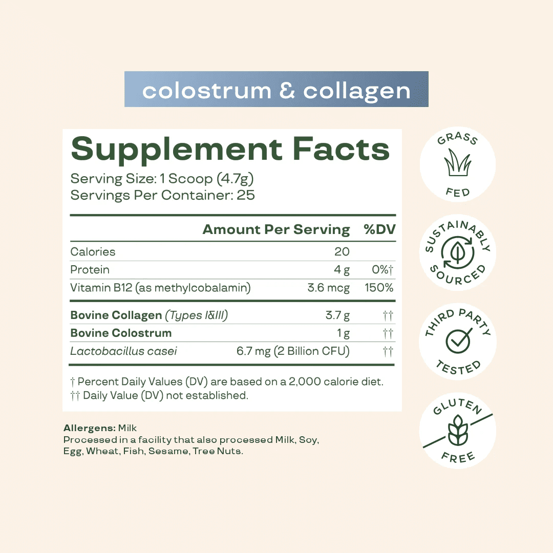 Bloom Nutrition Colostrum & Collagen Peptides Powder, Unflavored, 25 Servings