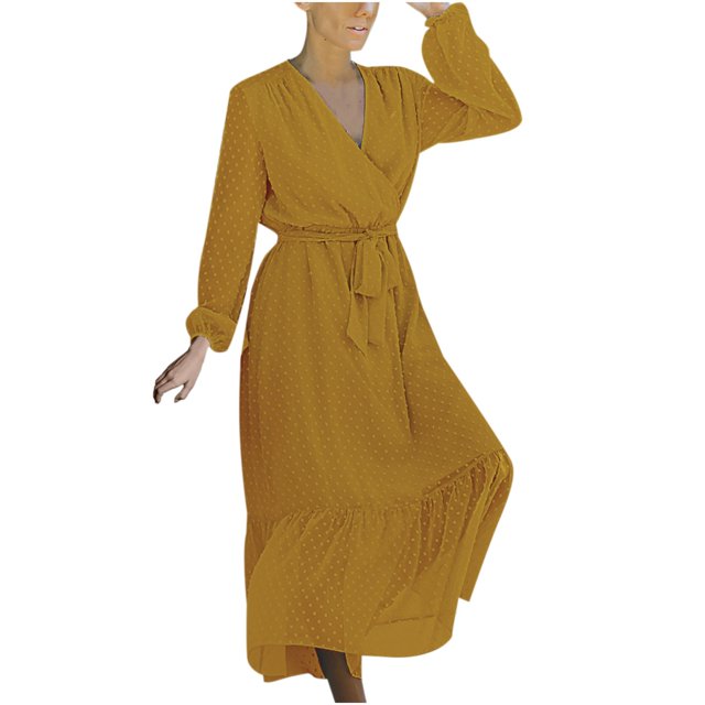 Vestido casual de cobertura de manga larga con cuello en V de color sólido para mujer Fridja NMB3576