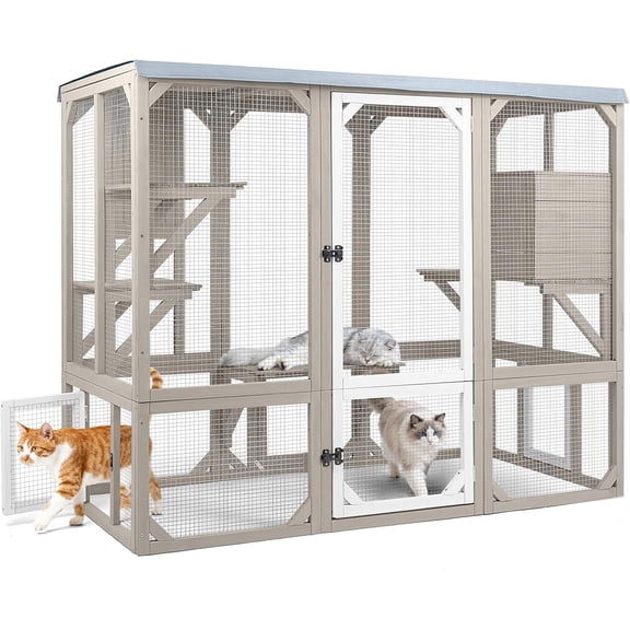 Petsblublu Large Catio Outdoor Cat Enclosure, Wooden Cat House with Removable Weatherproof Cover, 4 Platforms