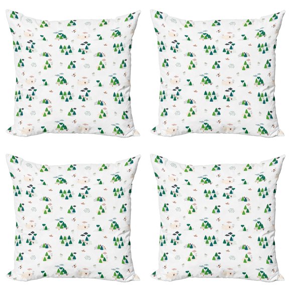 Ambesonne Forest Throw Pillow Cover 4 Pack, Doodle Style Woodland Items, 20", Petrol Blue Green