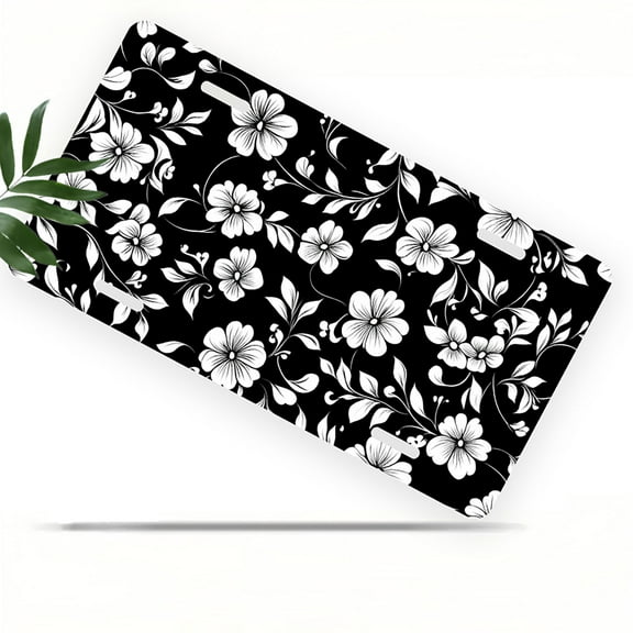 License Plate, Black and White Floral Pattern Decorative Front,Personalized Stainless Steel License Plate Cover For Men Women,12.2" X 6.2"