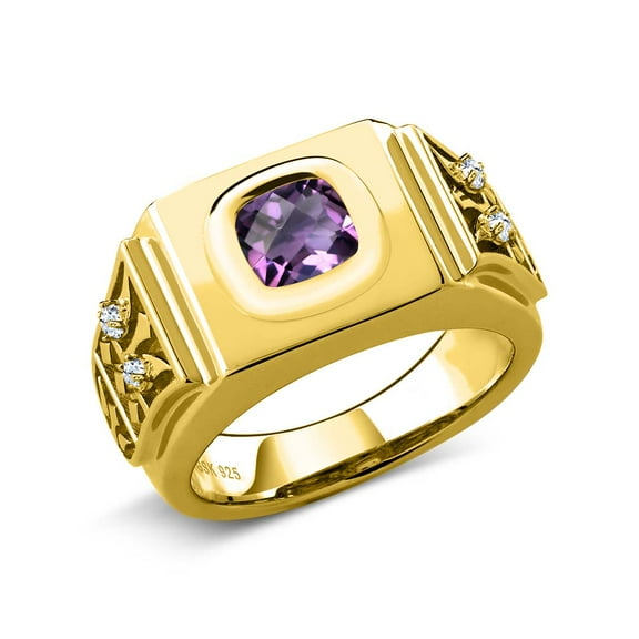 Gem Stone King 1.78 Ct Cushion Checkerboard Purple Amethyst White Topaz 18K Yellow Gold Plated Silver Men's Ring (Size 13)