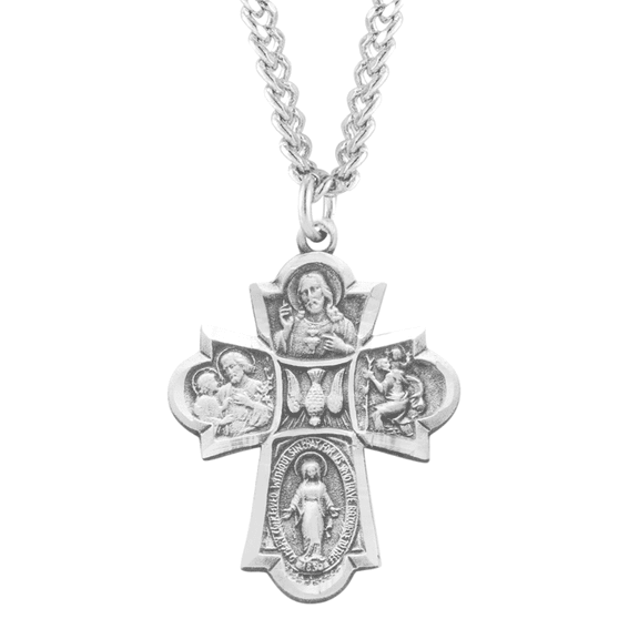 Sterling Silver 4-Way Medal with 24" Rhodium Plated Stainless Steel Chain, Miraculous, Scapular, Saint Christopher & Saint Joseph Medals, Gift Box Included