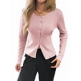 thumbnail image 3 of Women'S Vacation Button Cardigan Long Sleeve Knit Top Business Casual Round Neck Slim Fit Jacket Shirt Pink S, 3 of 8