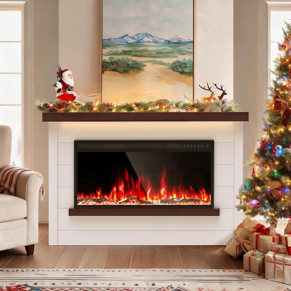 60 Inch Electric Fireplace TV Stand, Farmhouse Shiplap Media Console with 42" Insert Heater, 12 Flame Colors & 15-Color LED Strip, Remote Control, White for Living Room Bedroom