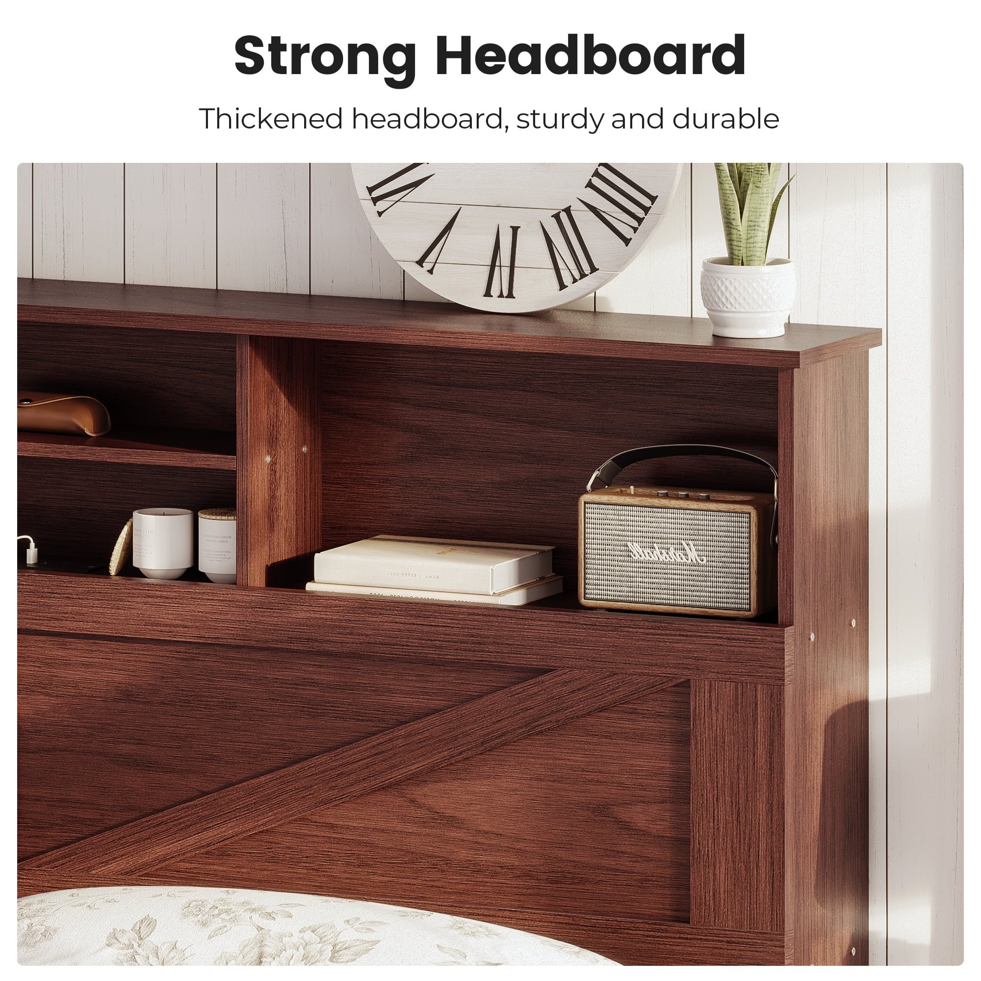 Twin Size Bed Frame, Farmhouse Wooden Platform Twin Bed with Storage Headboard Bookcase and 4 Footboard Storage Drawers Oak Brown