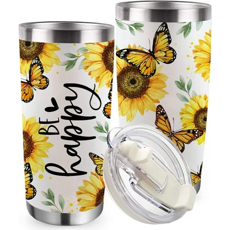 

Be Happy Inspirational Tumbler with Lid and Straw Sunflower Butterfly Fall Autumn Stainless Steel Travel Coffee Cup Motivational Positive Gifts for Women 20oz Double Wall Vacuum Insulated Mug