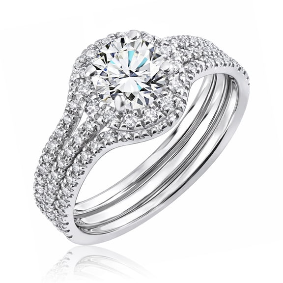 JeenMata 1 Carat Lab Grown Diamond Trio Wedding Ring Set - Round Cut Halo Statement Ring in 18K White Gold Plating for Women