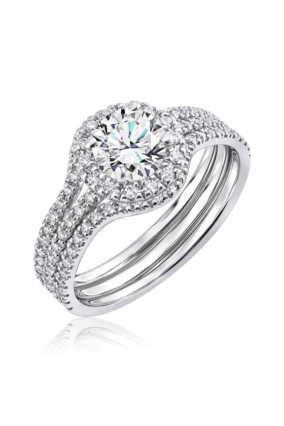 1 Carat Lab Grown Diamond Trio Wedding Ring Set - Round Cut Halo Statement Ring in 18K White Gold Plating for Women