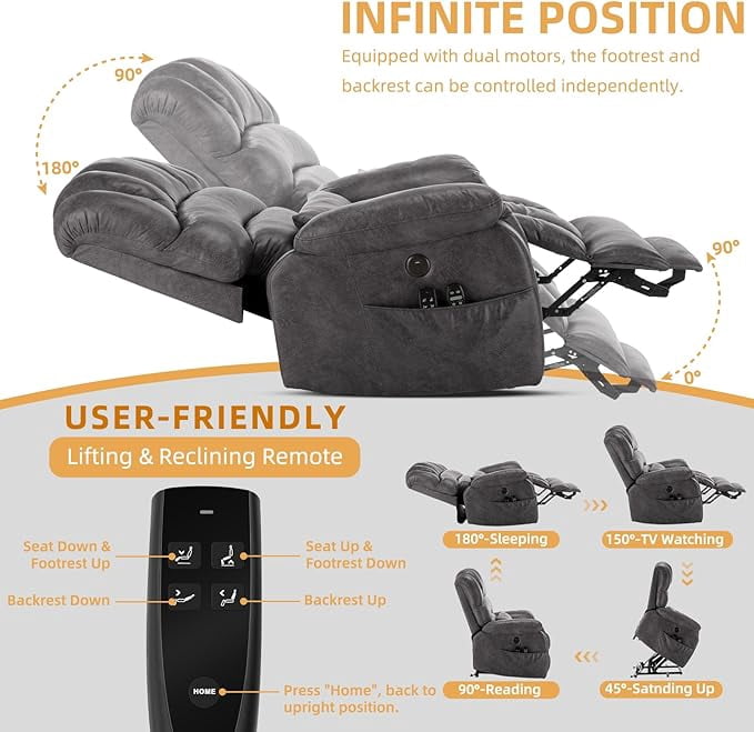 Tall Man Oversized Dual Motor Power Lift Recliner w/Heat Massage, Large Lay Flat Sleeper Electric Recliner with Extended Footrest for Elderly, Lumbar Pillow, USB & Type-C Ports, Gray