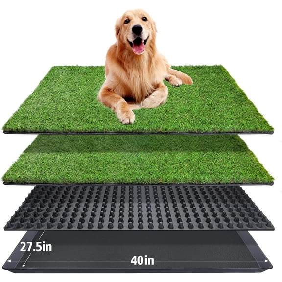 Dog Grass Pad with Tray(40×27.5 inch), Large XL Reusable 3-Layer Dog Pee Potty Grass Pads, Easy to Clean Artificial Fake Grass for Indoor Outdoor and Balcony (2 Pcs Grass Pad Drainage Grate Tray)