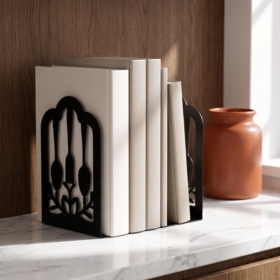 2 Pcs Book Ends, Creative Metal Bookends, Decorative Heavy Book Ends for Shelves, Multifunctional Cookbook Bookends for Home Kitchen School Office Black
