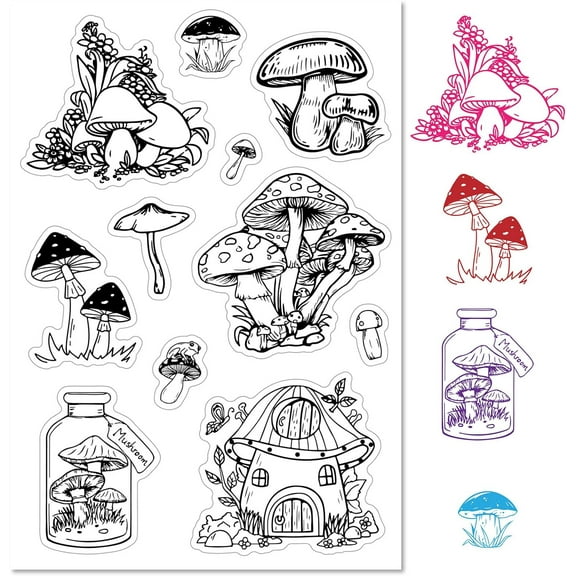 Mushroom Clear Rubber Stamps Plants Mushroom House Transparent Vintage Bottle Postmark Silicone Seals Stamp Journaling Card Making DIY Scrapbooking Paper Craft