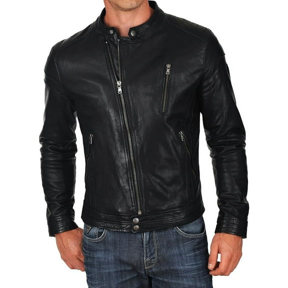 Mens Leather Jacket Slim Fit Biker Motorcycle Black Genuine Lambskin Jacket Coat A273
