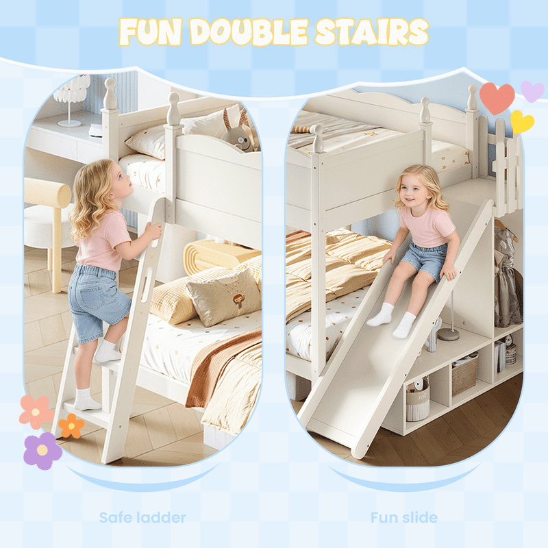 Full Over Full Bunk Bed with Slide and Ladder, Solid Wood Kids Bunk Bed with Storage Shelves and Hanging Rod, Low Profile Design, Full-Length Guardrails