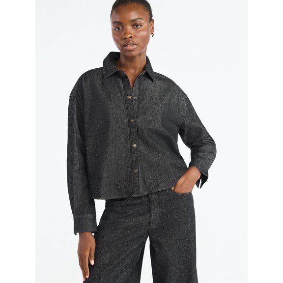 Scoop Women’s Rhinestone Embellished Cotton Denim Shirt with Long Sleeves, Sizes XS-4X
