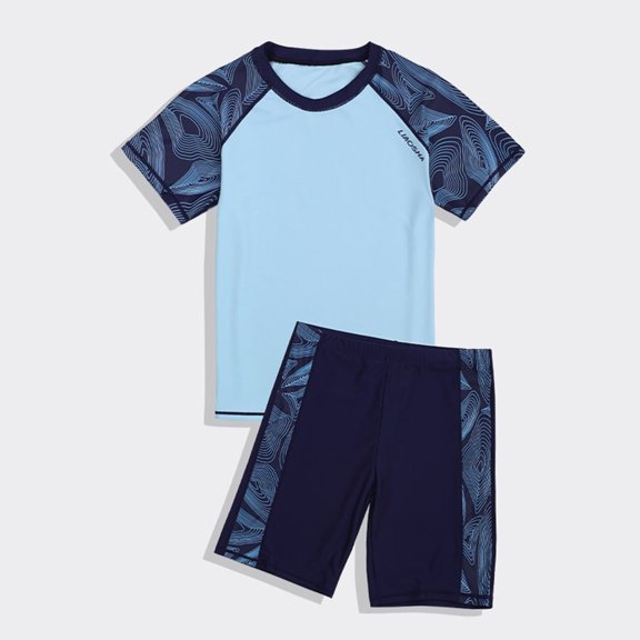Huowey Boys Swimsuits Set 2 Piece Swimwear Short Sleeve Round Neck Striped Print Raglan Sleeve Tshirts Top High Waist Wide Leg Swim Trunks Shorts Stylish Holiday Bathing Suits,Blue,12-14 Years