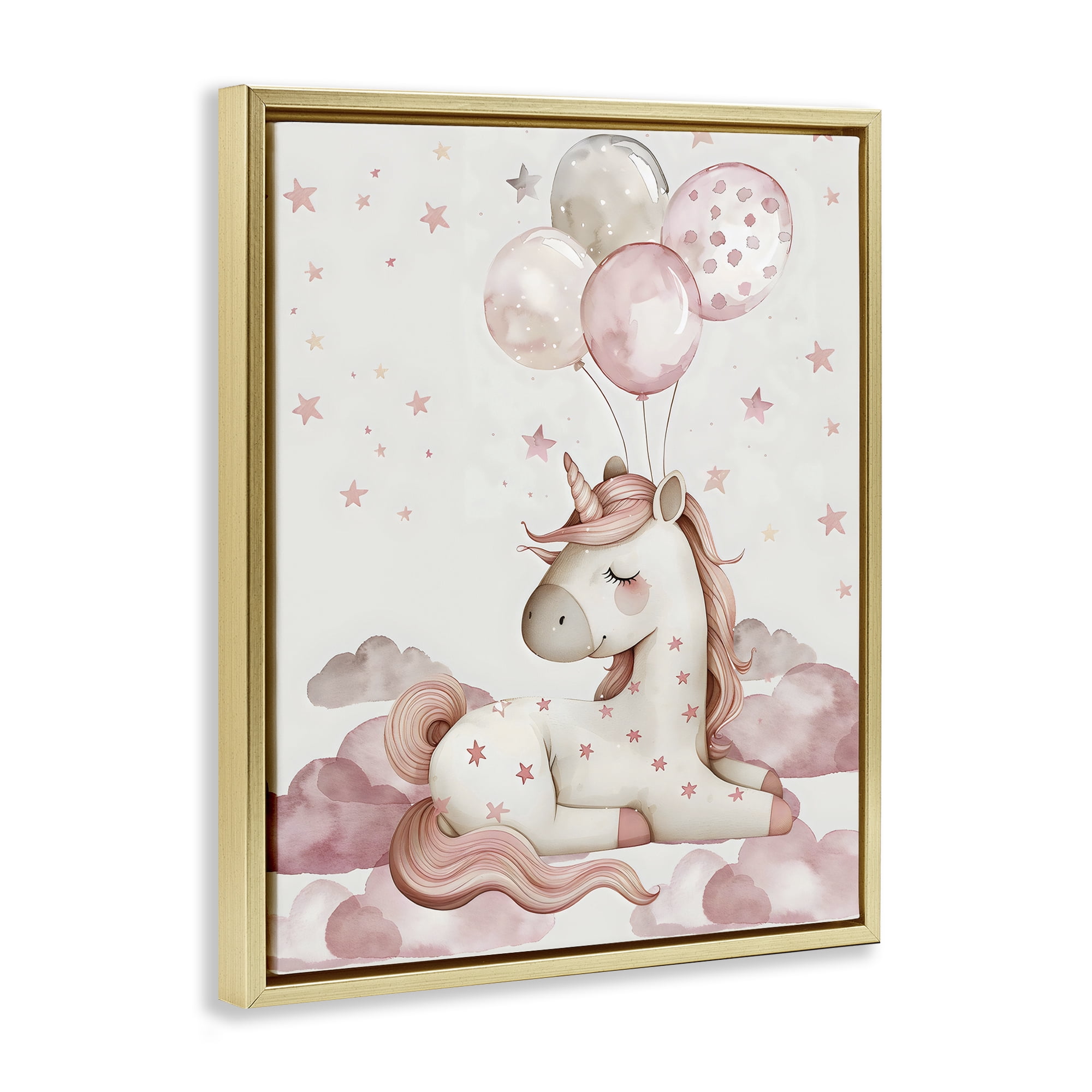 Stupell Industries Pink Unicorn with Balloons Gold Framed Floater Canvas Wall Art, design by LSR Design Studio