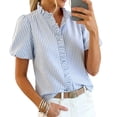 thumbnail image 2 of VJGBEGW Women Striped Blouses Spring Summer Ruffle Collar Puff Sleeve Button Down Shirts Business Casual Tops Blue M, 2 of 7
