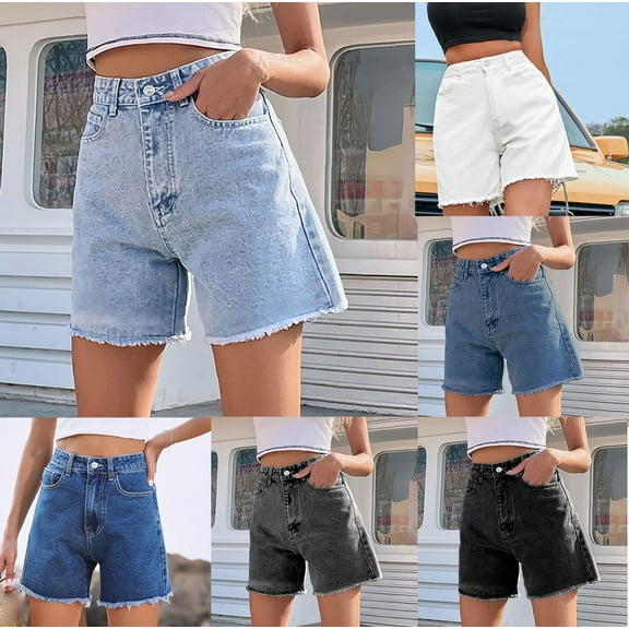 Pxkloy Womens High Waisted Jean Shorts Summer Baggy Stretchy Straight Leg Short Jeans Trendy Distressed Denim Shorts Sky Blue,XS
