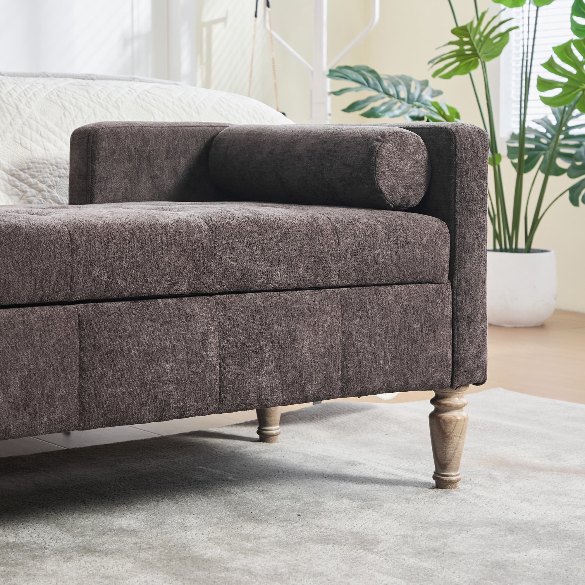 64.6"W Upholstered Chenille Flip-top Storage End of Bed Bench, Tufted Accent Footrest with Armrests&Backrest&2 Bolsters Whitewashed Rubberwood Legs for Living Room, Hallway, Entryway Bedroom