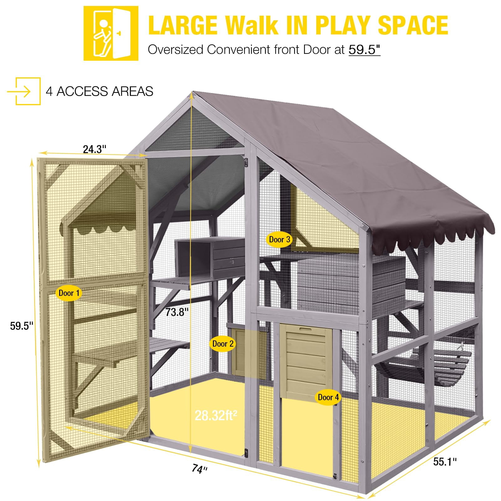 Large Outdoor Cat Enclosure with Bridges, Walks, Houses, Roof Cover 28.27 ft² Play Area for Cats, Grey