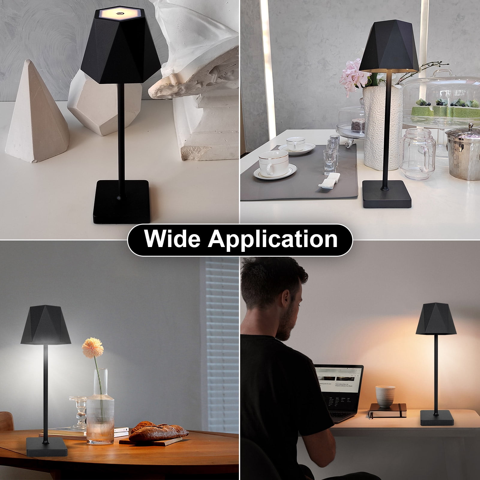 Asibpxy 14" Modern Cordless Matte Black Aluminum Table Lamp with Black Geometric Shade