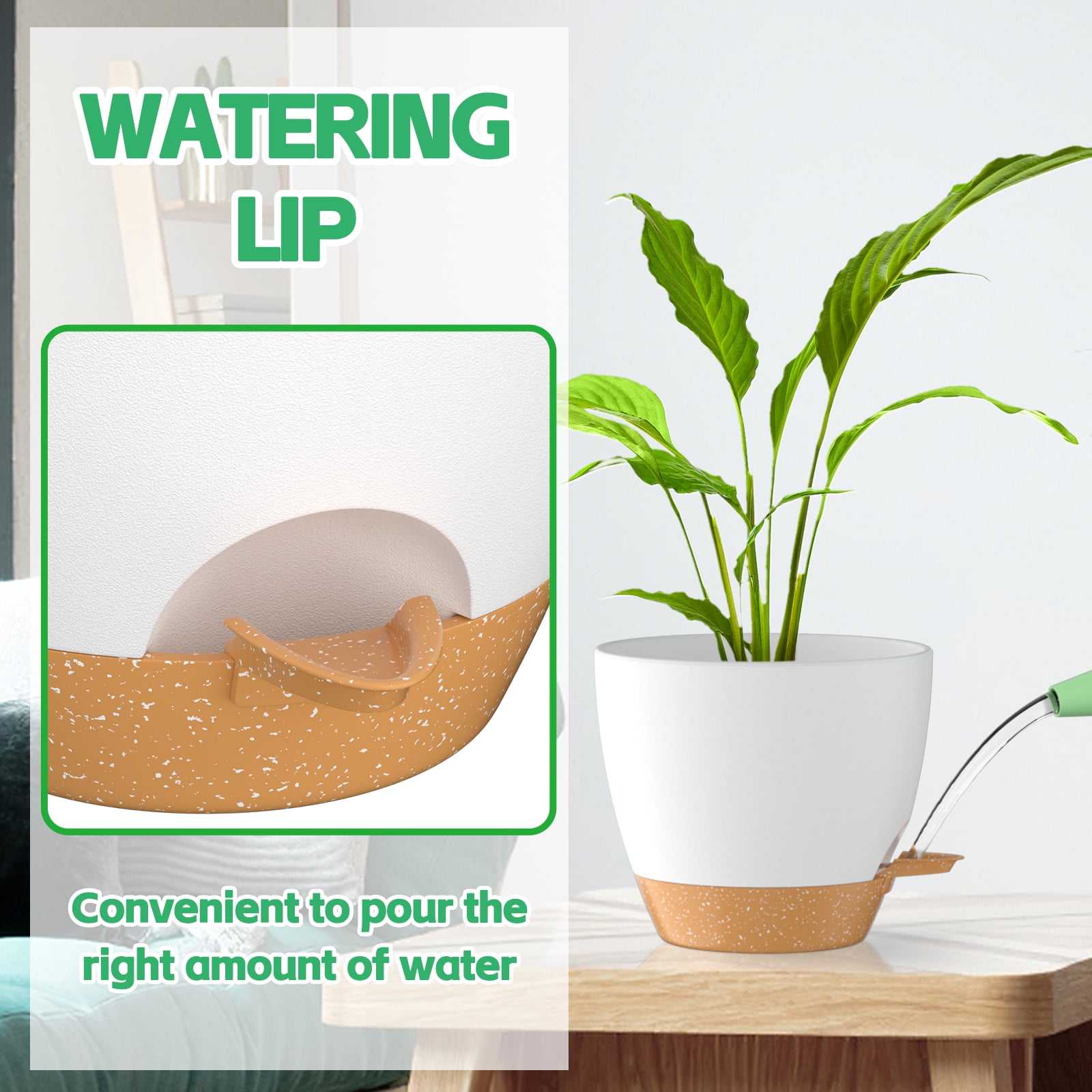 FIASON 6 Pack Self-Watering Plant Pots, White with Brown 5/5.5/6/6.5/7/8 Inch Planters with Watering Lip, Drainage Holes & Saucer for Indoor Outdoor Garden Plants