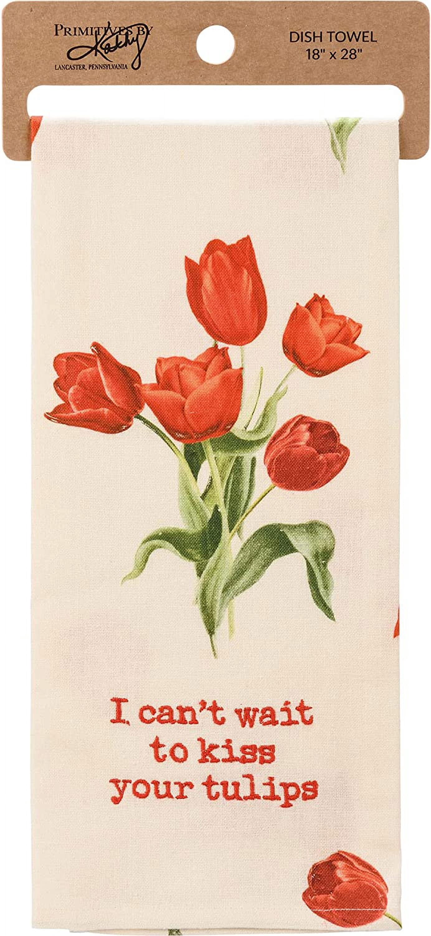 Dekoratives Küchenhandtuch „I Can't Wait To Kiss Your Tulips“ – Aus Baumwoll-Leinen, Mit Tulpenprint & Aufhänger
