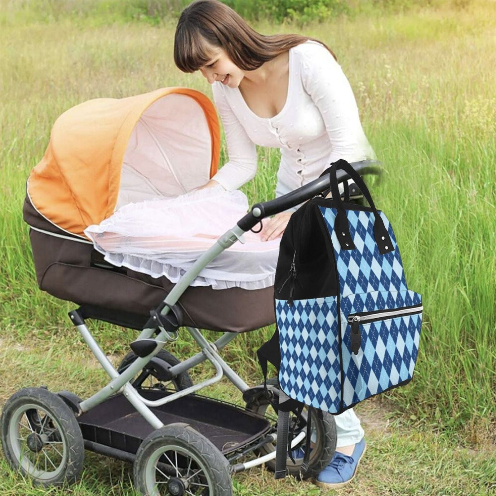 Ratiio Blue Squares Mummy Backpack - Waterproof Twill Canvas, Large Capacity Diaper Bag with Multiple Pockets and Adjustable Straps