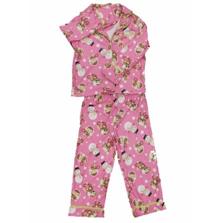 Monkey Pink Girls Pajamas - Girls Pink Monkey & Snowman Pajamas Christmas Holiday Flannel Sleep Set