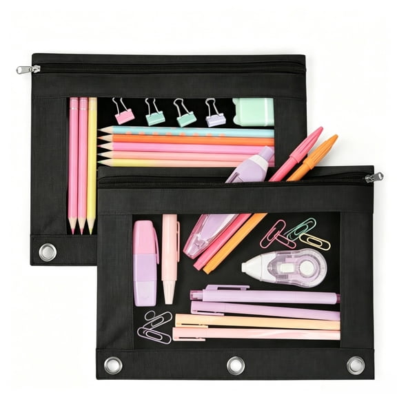2 Pack Pencil Pouch for 3 Ring Binder, Binder Pencil Pouch with Clear Window Pencil Bags with Zipper & Reinforced Grommets, Pencil Case for Binder - Black