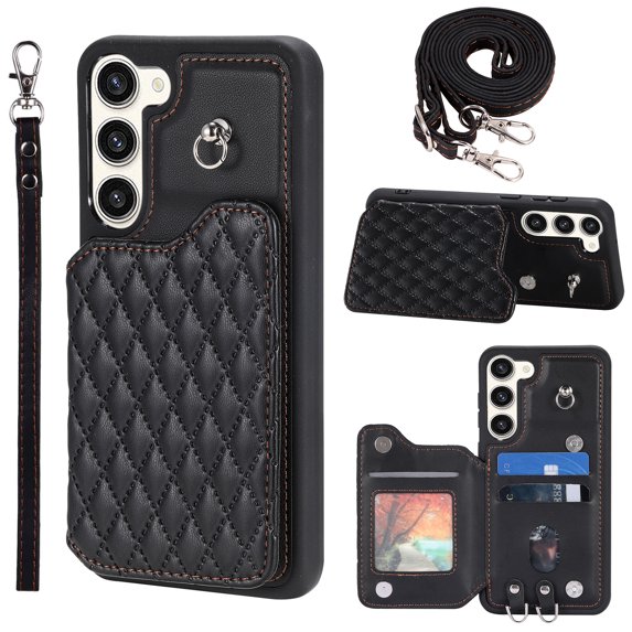 Elegant Crossbody Strap Wallet Case for Samsung Galaxy S23 with Card Holder, Shockproof Purse Magnetic Closure Phone Cover with Wrist Strap for Samsung Galaxy S23 - Black