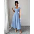 thumbnail image 5 of Blue Womens Square Neck Cinched Waist A-Line Midi Dress For Spring Summer Casual Vacation, 5 of 7