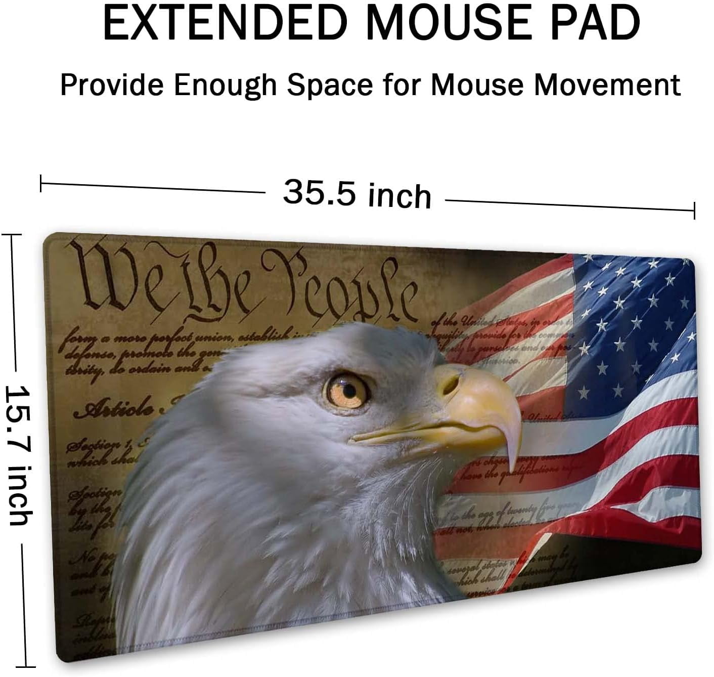 Bald Eagle on American Flag Mouse Pad 35.4 x 15.7 Inch XXL Full Desk Mousepad Extended Large Non-Slip Rubber Base Waterproof Big Keyboard Mat with Stitched Edges for Gaming and Office