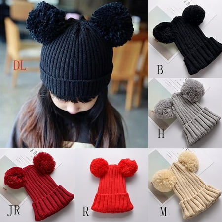 

Children Hat Toddler Kids Baby Girl Boys Winter Cable Knit Baggy Hat with Knitting Pompom Winter Soft Warm Ski Cap 1-6Y Dark Blue