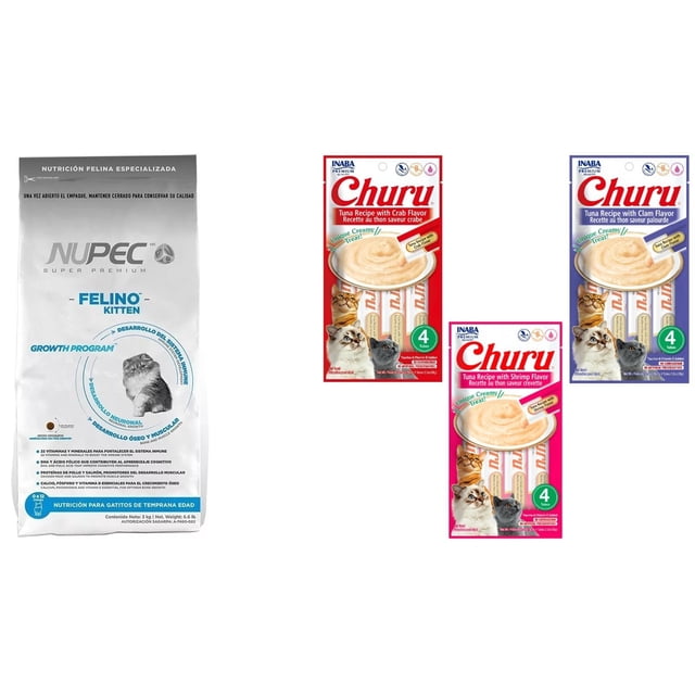 Paquete Nupec kitten 3 kg + 1 bolsa de 4 tubos humedos churu premio 56 gr