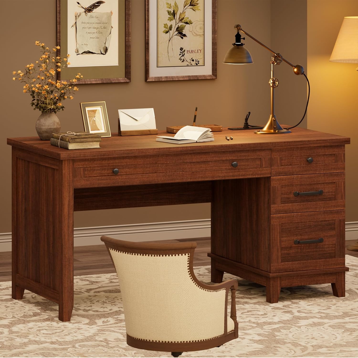M optimized Wood Executive Desk with Power Outlet, Home Office Desk with Drawers, Work Desk with File Cabinet, Computer Desk for Work, Study, Writing