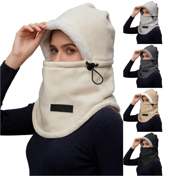 XIAOCHA Fleece‑Lined Balaclava for Women,Drawstring‑Adjust Fall‑Winter Outdoor Toque,Beige