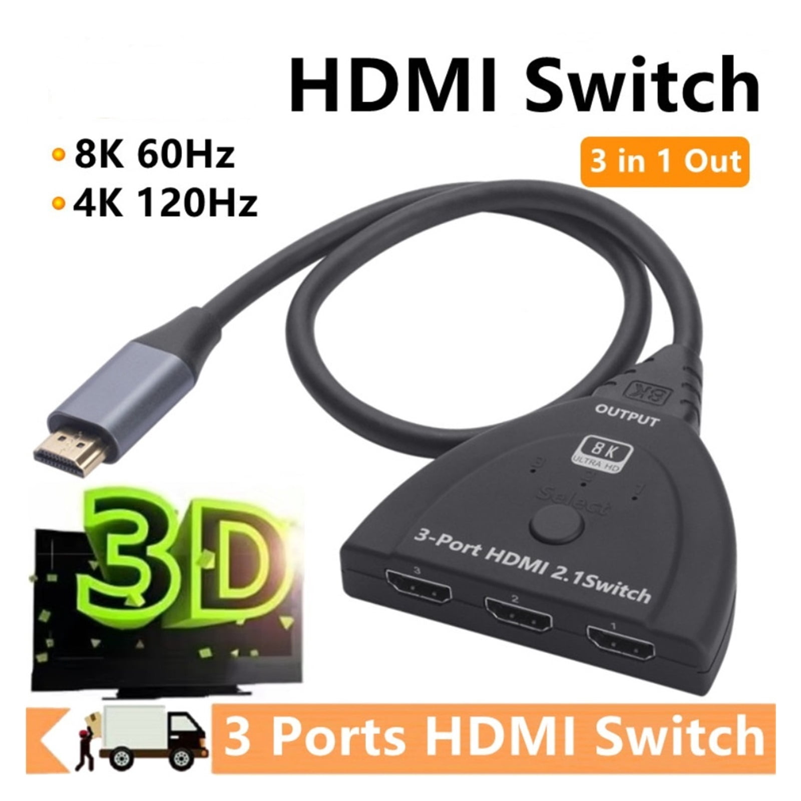 8K 60Hz Compatible Switch 3 Input 1 Output KVM Switches 3D 3 Port VIdeo Switcher Hub 4K 120Hz ,High Image Resolution